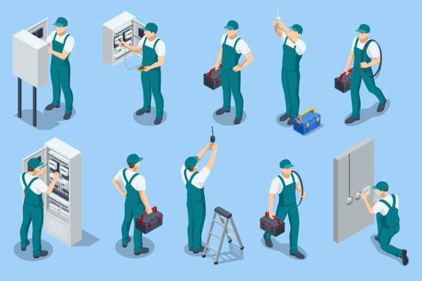 Isometric Electricity works set. Professional worker in the uniform repair electrical elements. Electric switchboards, transformers, distribution boards. Isometric Electricity works set. Professional worker in the uniform repair electrical elements. Electric switchboards, transformers, distribution boards electrician stock illustrations