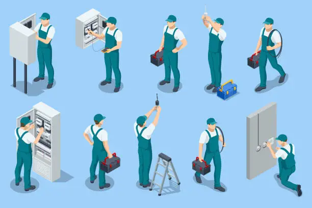 Vector illustration of Isometric Electricity works set. Professional worker in the uniform repair electrical elements. Electric switchboards, transformers, distribution boards.