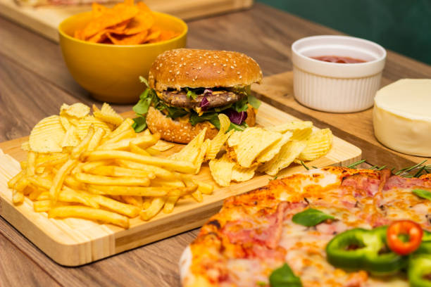 istock Pizza and Hamburger with French fries 1463565924