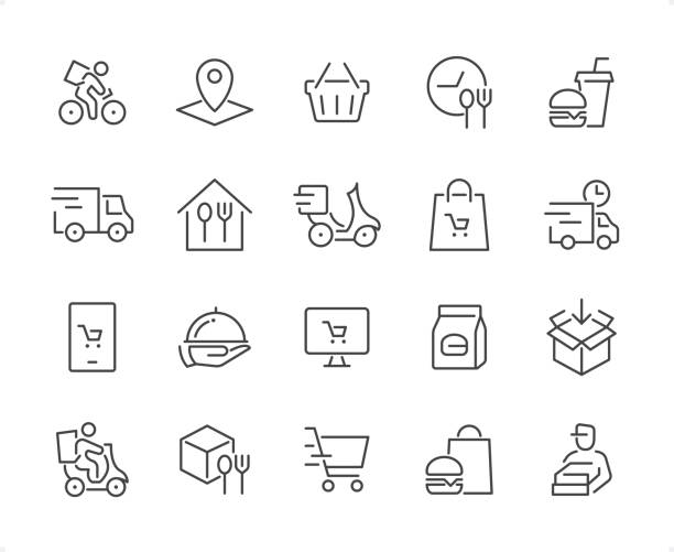 Food Delivery icon set. Editable stroke weight. Pixel perfect icons. Food Delivery icons set #49

Specification: 20 icons, 64×64 pх, EDITABLE stroke weight! Current stroke 2 px.

Features: Pixel Perfect, Unicolor, Editable weight thin line.

First row of  icons contains:
Delivery by bike, Location, Shopping Basket, Meal Breaks, Hamburger & Soda (Fast Food);

Second row contains: 
Delivery Truck, Home Food, Food Delivery by bike, Shopping Bag, Fast Delivery;

Third row contains: 
Ordering Food, Serving Tray, Online Order, Take Away Food, Packaging;

Fourth row contains: 
Food Delivery Service, Food Packaging, Shopping, Hamburger & Paper Bag, Pizza Delivery Man.

Check out the complete Prolinico collection — https://www.istockphoto.com/collaboration/boards/m2yevS1B7EWOAAxLZcvJhQ bag lunch stock illustrations