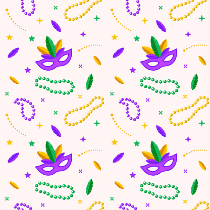 seamless pattern with Carnaval mask, feathers and necklace