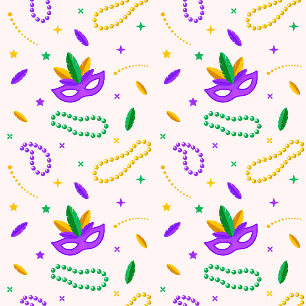 Mardi Gras seamless pattern seamless pattern with Carnaval mask, feathers and necklace Bead stock illustrations