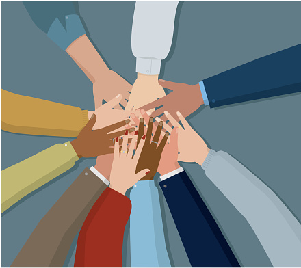 Vector illustration representing several joined hands as a sign of unity, brotherhood and solidarity. Concept of diversity and union of peoples.