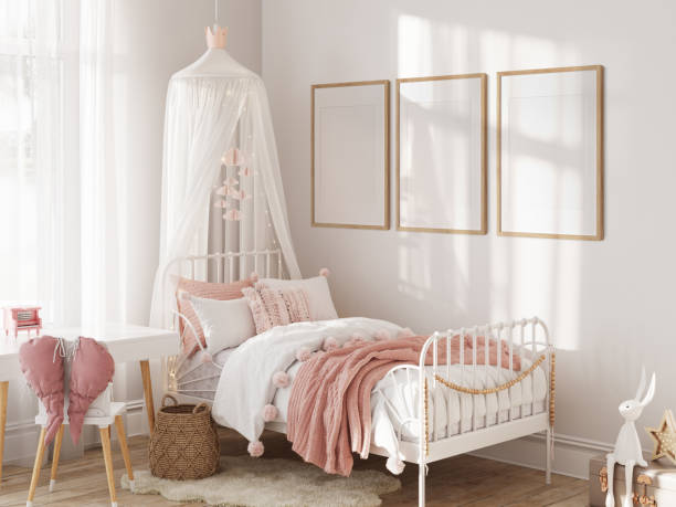 istock Frame mockup in the children's room interior. Nursery Interior. Boho scandinavian eco style. 3d rendering, 3d illustration 1463582064