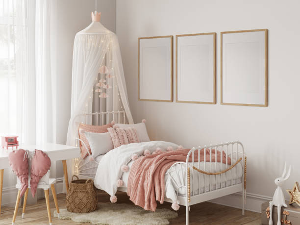 istock Frame mockup in the children's room interior. Nursery Interior. Boho scandinavian eco style. 3d rendering, 3d illustration 1463582066