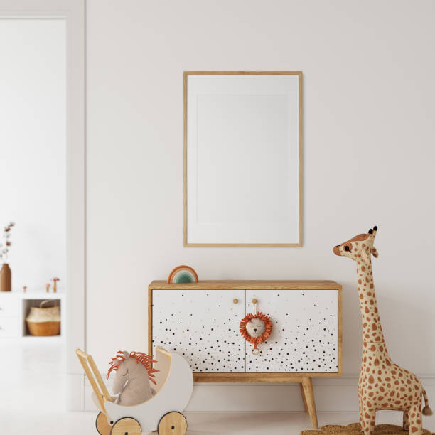 istock Frame mockup in the children's room interior. Nursery Interior. Boho scandinavian eco style. 3d rendering, 3d illustration 1463582068