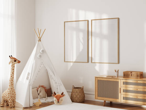 istock Frame mockup in the children's room interior. Nursery Interior. Boho scandinavian eco style. 3d rendering, 3d illustration 1463582128