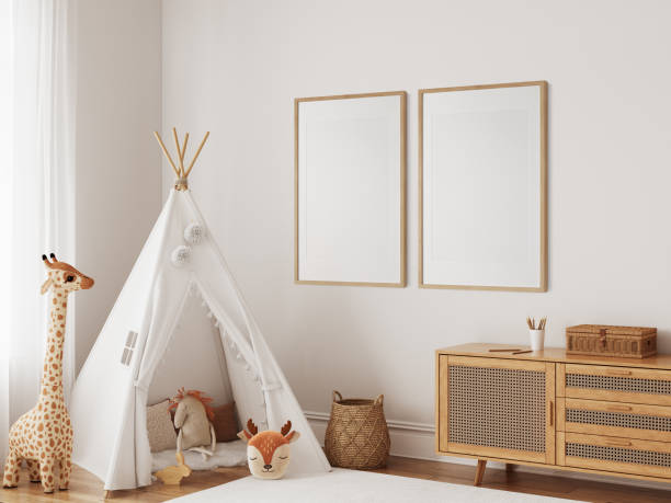 Frame mockup in the children's room interior. Nursery Interior. Boho scandinavian eco style. 3d rendering, 3d illustration
