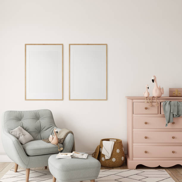istock Frame mockup in the children's room interior. Nursery Interior. Boho scandinavian eco style. 3d rendering, 3d illustration 1463582134