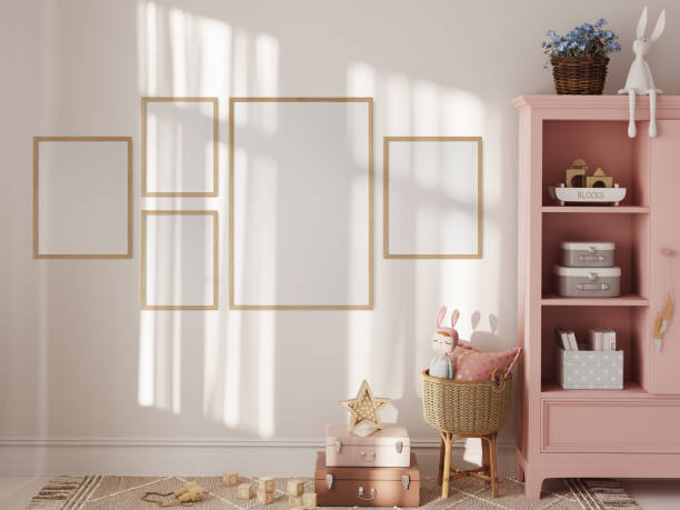 istock Frame mockup in the children's room interior. Nursery Interior. Boho scandinavian eco style. 3d rendering, 3d illustration 1463582173
