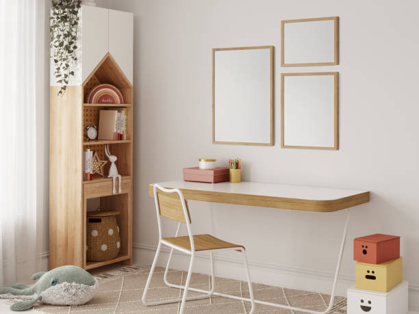 istock Frame mockup in the children's room interior. Nursery Interior. Boho scandinavian eco style. 3d rendering, 3d illustration 1463582177