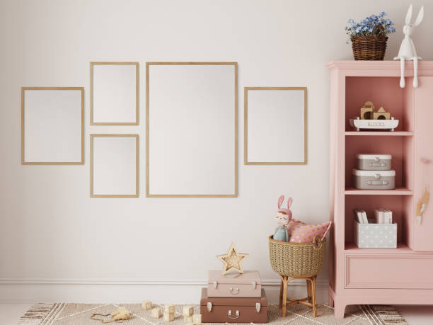 istock Frame mockup in the children's room interior. Nursery Interior. Boho scandinavian eco style. 3d rendering, 3d illustration 1463582184