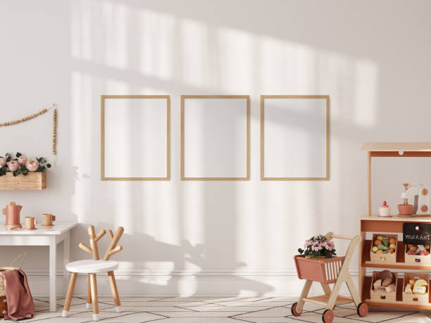 istock Frame mockup in the children's room interior. Nursery Interior. Boho scandinavian eco style. 3d rendering, 3d illustration 1463582209