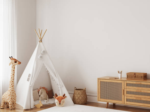 istock Frame mockup in the children's room interior. Nursery Interior. Boho scandinavian eco style. 3d rendering, 3d illustration 1463582262