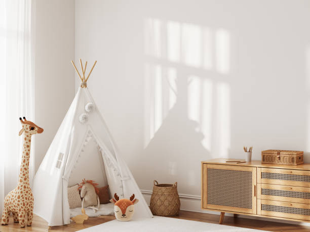 istock Frame mockup in the children's room interior. Nursery Interior. Boho scandinavian eco style. 3d rendering, 3d illustration 1463582263