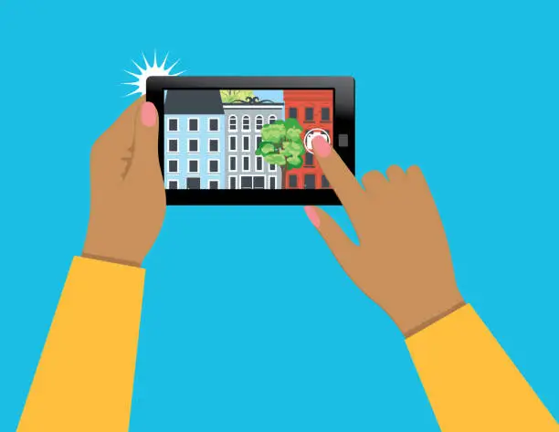 Vector illustration of A Woman Takes Photos Of Real Estate With Their Cell Phone