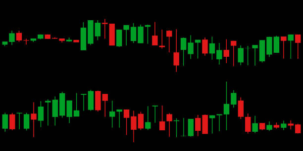 istock Two red and green Japanese candlestick graph charts on black background 1463588931