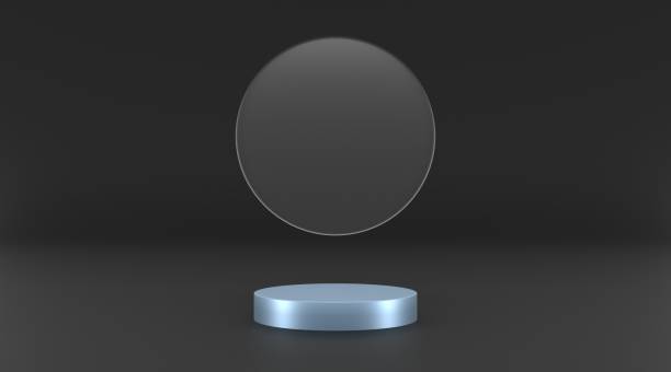 istock 3d illustration render blue platform and glass circle with black background 1463597542