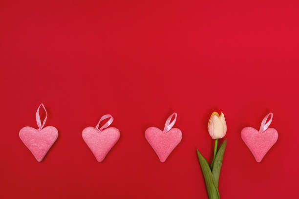 istock Pink hearts and tulip on red background 1463603331