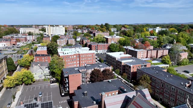 springfield massachusetts aerial over neighborhoods, apartments and homes and businesses