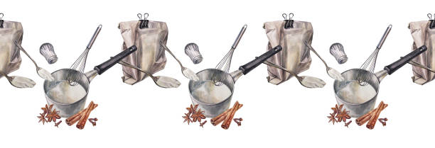 istock Seamless rim watercolor saucepan with milk and flour on white background. Hand-drawn kitchen pan for cooking breakfast. Pot for food. Porridge or drink. Border for sticker cookbook, wrapping 1463605815
