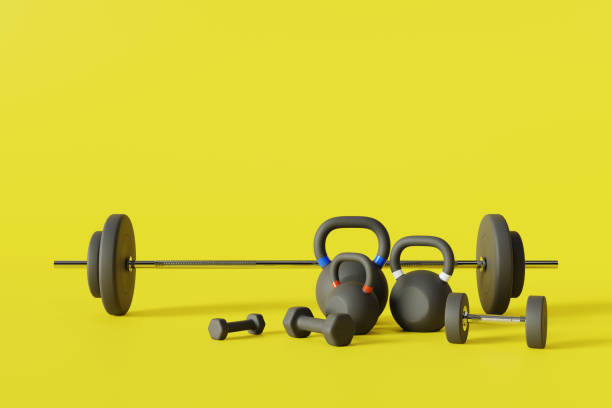 istock gym fitness equipment background, 3d rendering 1463607201