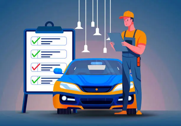 Vector illustration of Mechanic Checking the List of a Car on a Clipboard