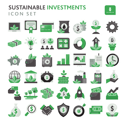 Vector illustration of a big set of global financial market responsible investments on white background. Includes green growth assets, mutual funds and investment funds, in consideration of positive environmental and social impacts. Fully editable for easy editing. Simple set that includes vector eps and high resolution jpg in download.