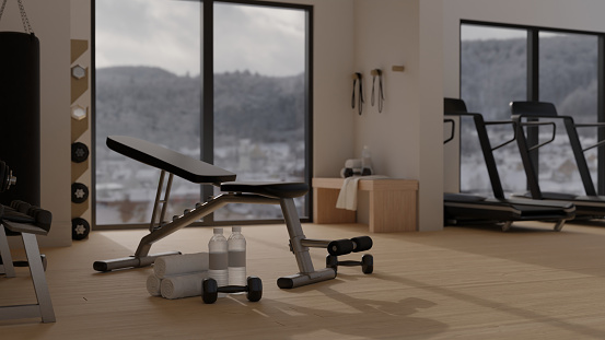 Modern contemporary fitness center or condominium gym room interior design with professional sport equipments. sport bench, dumbbells, treadmills, and punching bag. 3d render, 3d illustration