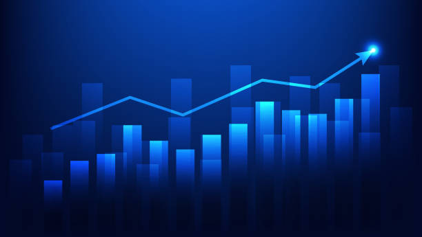 business growth and earning and profit performance concept bar chart with uptrend arrow show growth of business performance and profit of investment on blue background flourish stock illustrations