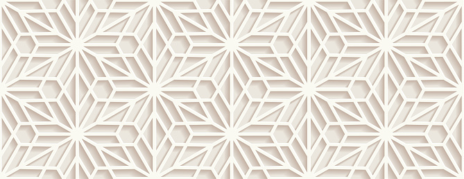 A beautiful, light, geometric six point star / snowflake relief beige background.