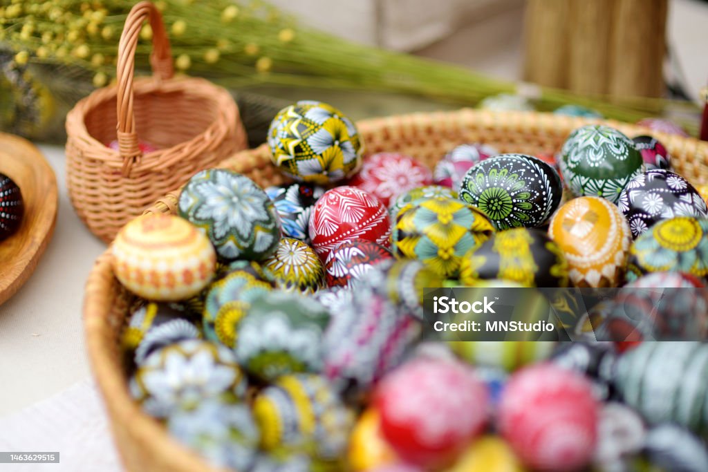 Handmade wooden Easter eggs sold in annual traditional crafts fair in Vilnius, Lithuania Colorful handmade wooden Easter eggs sold in annual traditional crafts fair in Vilnius, Lithuania Easter Stock Photo