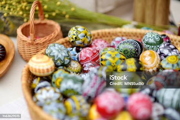 Handmade Wooden Easter Eggs Sold In Annual Traditional Crafts Fair In Vilnius Lithuania Stock Photo - Download Image Now