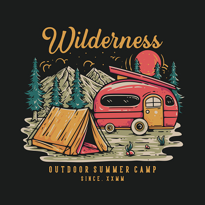 T Shirt Design Wilderness Outdoor Summer Camp With Illustration Of Camp Area Vintage Illustration