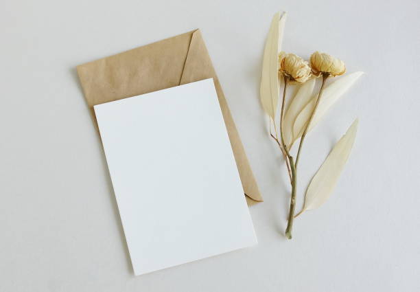 istock Greeting card mockup, envelope and dry eucalyptus twigs and roses on beige background top view flatlay. Card mockup with copy space. 1463633095