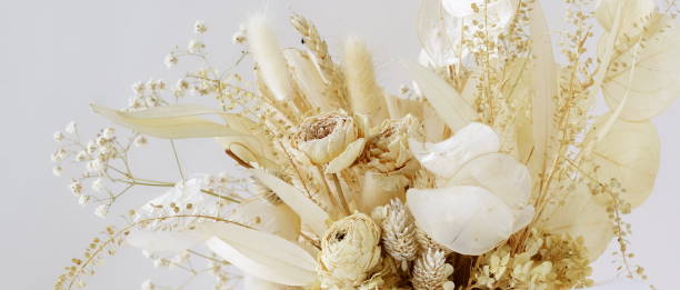 istock Dried flowers bouquet banner on light background .Copy space.Beige, boho style decor. 1463633752