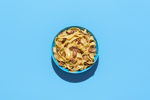 Pasta with boletus mushrooms in a blue bowl minimalist on a blue-colored table. Italian dish, pappardelle with wild edible mushrooms and topped with parsley