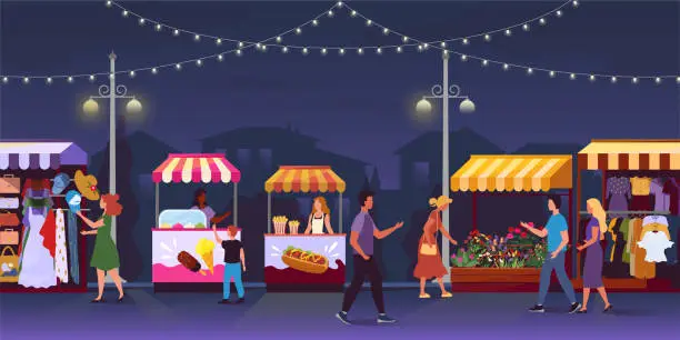 Vector illustration of Night market. Festival food stall. Outdoor shops. Local fair street. Marketplace flyer. Summer city evening panorama. People walking and shopping in kiosks. Vector cartoon illustration