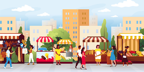 Traditional vegetable market. Sellers booth. Agriculture food fair trade. Grocery kiosk tents. City street marketplace. People walking and shopping in bazaar stalls. Vector illustration background