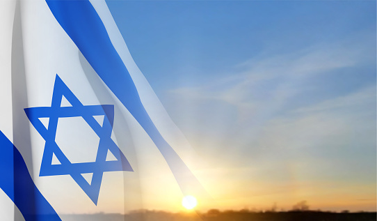 Israel flag on background of sky. Patriotic background. EPS10 vector