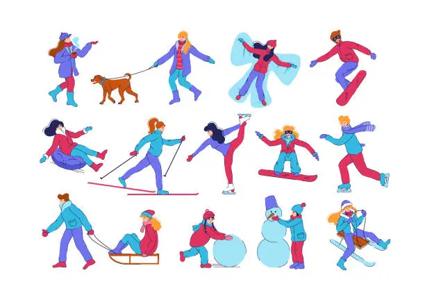 Vector illustration of People winter activity. Snow skiers. Persons ride on sled or snowboard. Christmas snowman silhouette. Kids walk with dog. Outdoor sport. Children active leisure set. Vector illustration