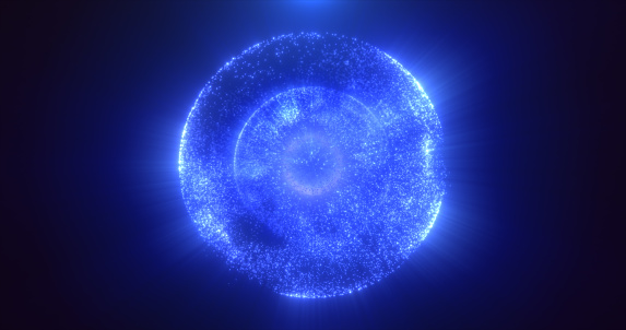 Abstract round blue sphere glowing energy magic molecule with atoms from particles and dots cosmic. Abstract background.