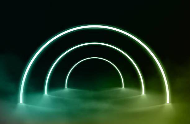 istock 3d vector, abstract background, round portal, glowing lines, tunnel, neon lights, virtual reality, arch, pink blue spectrum of bright colors, laser show, empty space, frame isolated on black 1463640753