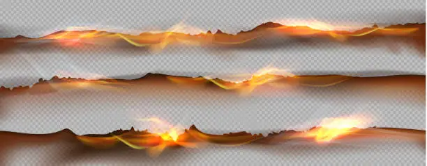 Vector illustration of Vector realistic burning paper page edge and hole with fire. Parchment burnt effect with flame and ash.