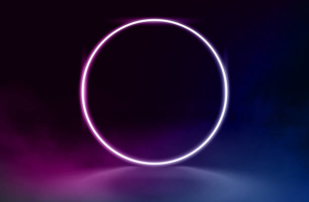 istock 3d vector, abstract background, round portal, glowing lines, tunnel, neon lights, virtual reality, arch, pink blue spectrum of bright colors, laser show, empty space, frame isolated on black 1463641379