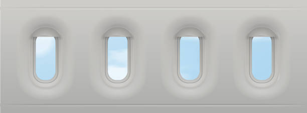 istock Airplane windows. Vector realistic aircraft portholes with sky, clouds. Plane cabin interior in flight 1463641480