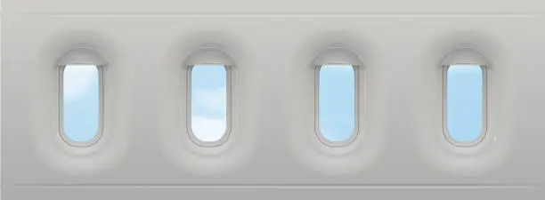 Vector illustration of Airplane windows. Vector realistic aircraft portholes with sky, clouds. Plane cabin interior in flight