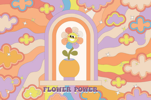 groovy retro swirl sunburst mit flower power pot. strahlen oder streifen und bogenfensterrahmen mitte 60er 70er jahre. wolken. sommersonne und karnevalshintergrund. pastellfarbe. - mothers day mother flower child stock-grafiken, -clipart, -cartoons und -symbole