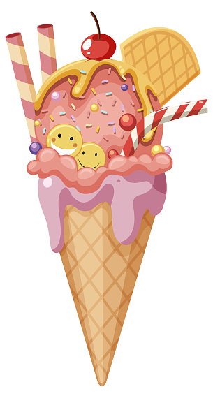 Strawberry ice cream wafer cone with toppings illustration