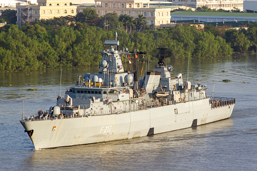 Ho Chi Minh City, Vietnam - January 9, 2022 : Frigate Bayern (F217) Of German Navy Moving Along The River.